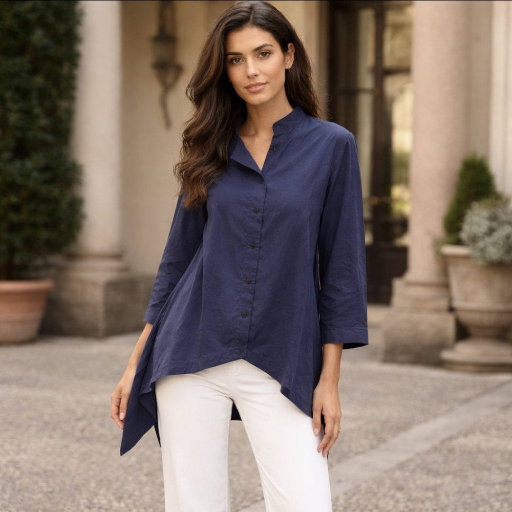 Adeptt Asymmetrical Tunic Top Navy Blue Button Up Lagenlook European Plus Sz 3X